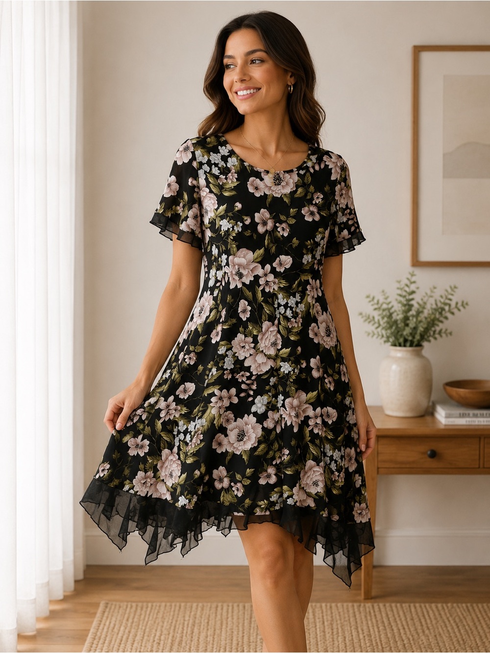 Floral Black Dress with Pink and Green Accents